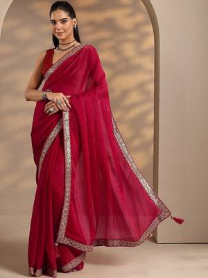 Red Solid Saree With Unstitched Blouse Piece 2