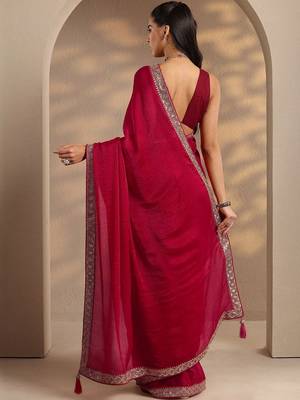 Red Solid Saree With Unstitched Blouse Piece 4