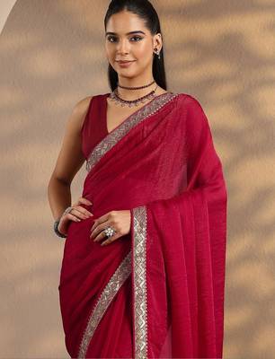 Red Solid Saree With Unstitched Blouse Piece 5