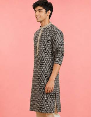 Boy's black rayon embroidered knee length kurta 3