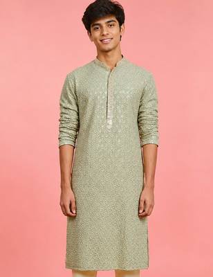 Boy's light green rayon embroidered knee length kurta 1