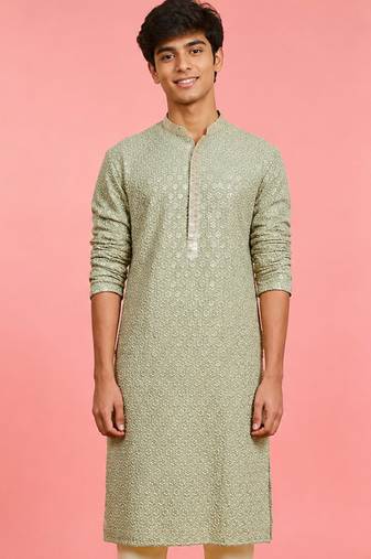 Boy's light green rayon embroidered knee length kurta