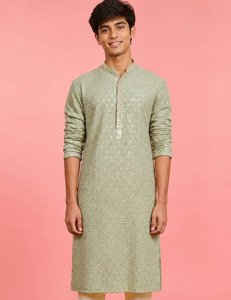 Boy's light green rayon embroidered knee length kurta
