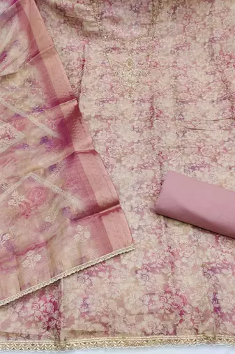 multi unstitched shimmer print handwork with printed dupatta linen dress material