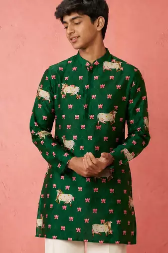 Boy's green rayon digital print knee length kurta
