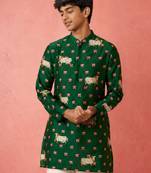 Boy's green rayon digital print knee length kurta