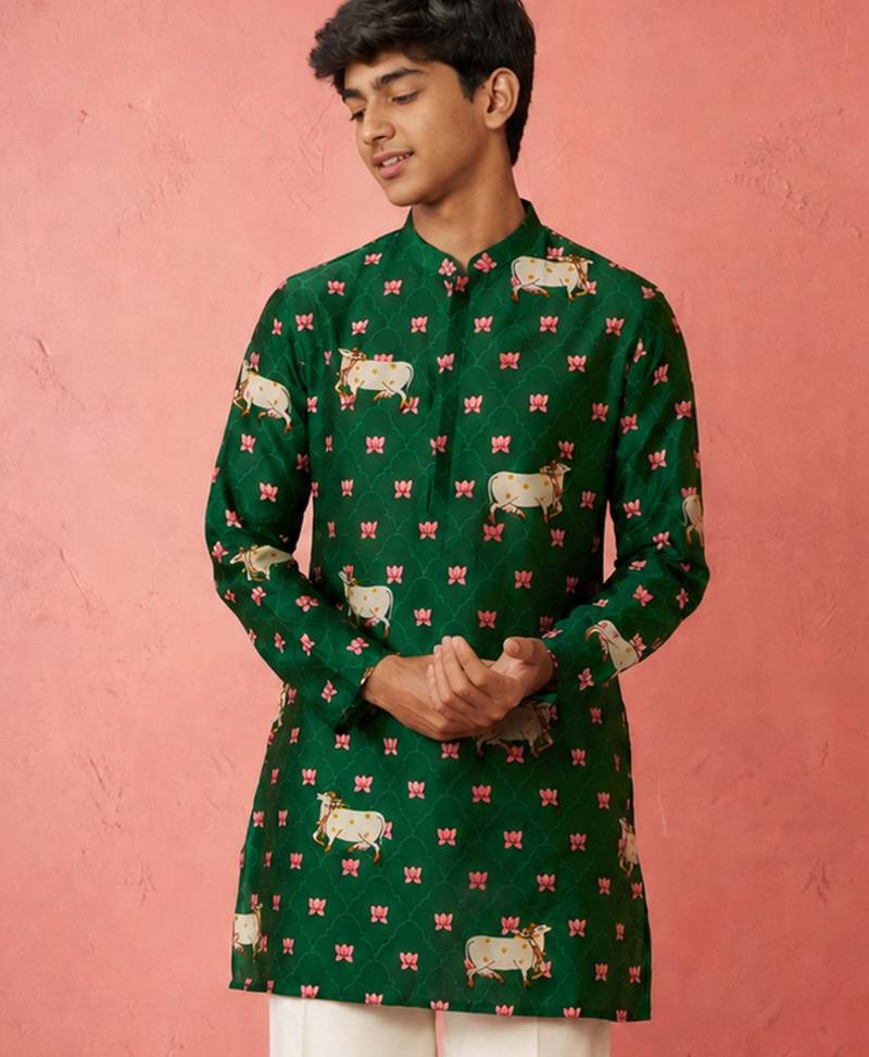 Boy's green rayon digital print knee length kurta