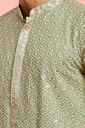 Boy's light green rayon embroidered knee length kurta
