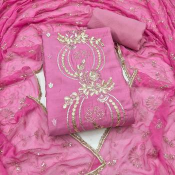 pink unstitched thread embroidery handwork with embroidered dupatta silk blend dress material 1