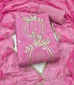 pink unstitched thread embroidery handwork with embroidered dupatta silk blend dress material