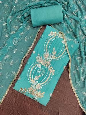 sea green unstitched thread embroidery handwork with embroidered dupatta silk blend dress material 4