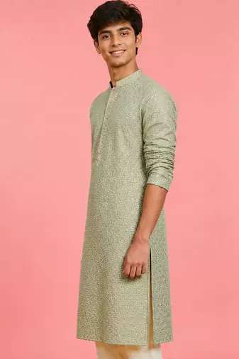 Boy's light green rayon embroidered knee length kurta