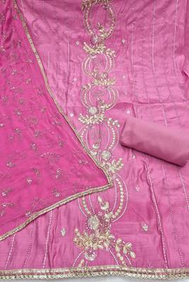 pink unstitched thread embroidery handwork with embroidered dupatta silk blend dress material 2