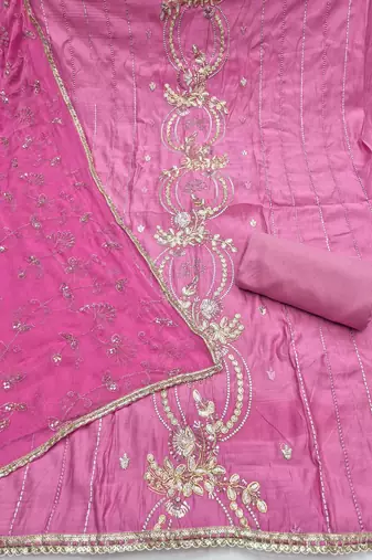 pink unstitched thread embroidery handwork with embroidered dupatta silk blend dress material