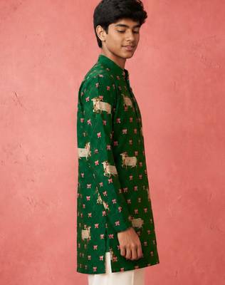 Boy's green rayon digital print knee length kurta 3