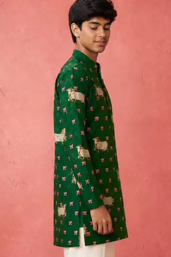 Boy's green rayon digital print knee length kurta