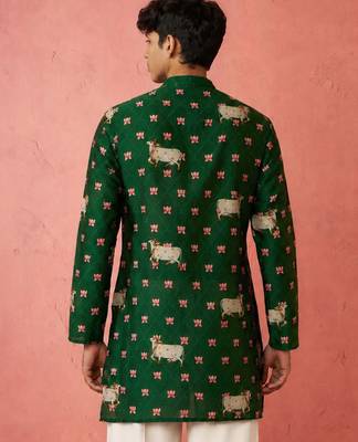 Boy's green rayon digital print knee length kurta 4