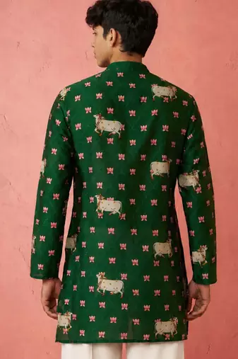 Boy's green rayon digital print knee length kurta