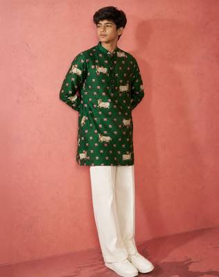 Boy's green rayon digital print knee length kurta 5