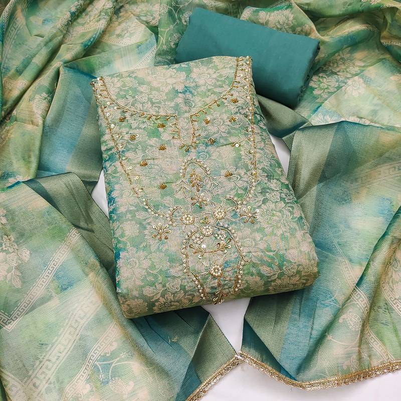 multi unstitched shimmer print handwork with printed dupatta linen dress material