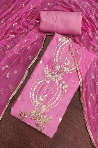 pink unstitched thread embroidery handwork with embroidered dupatta silk blend dress material