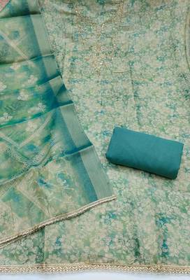 multi unstitched shimmer print handwork with printed dupatta linen dress material 2