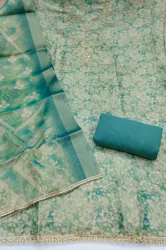multi unstitched shimmer print handwork with printed dupatta linen dress material