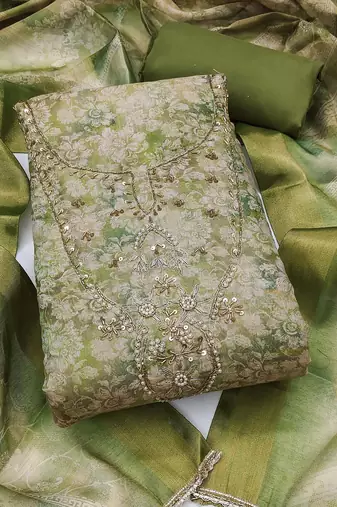 multi unstitched shimmer print handwork with printed dupatta linen dress material