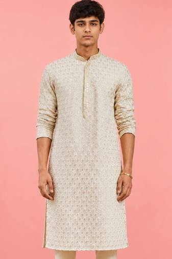 Boy's off-white rayon embroidered knee length kurta