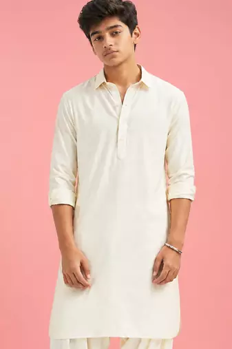 Boy's cream fine satin solid knee length kurta