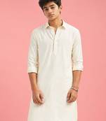 Boy's cream fine satin solid knee length kurta