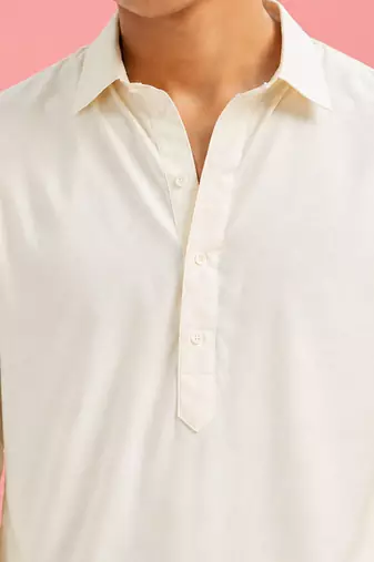 Boy's cream fine satin solid knee length kurta