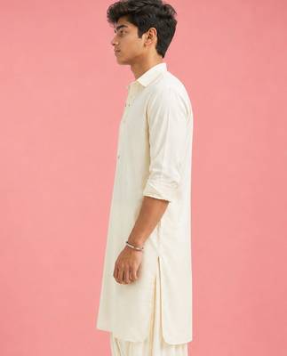 Boy's cream fine satin solid knee length kurta 3