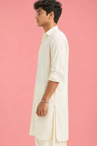 Boy's cream fine satin solid knee length kurta