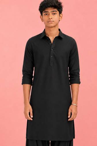 Boy's black fine satin solid knee length kurta