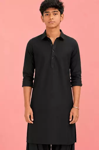 Boy's black fine satin solid knee length kurta