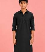 Boy's black fine satin solid knee length kurta
