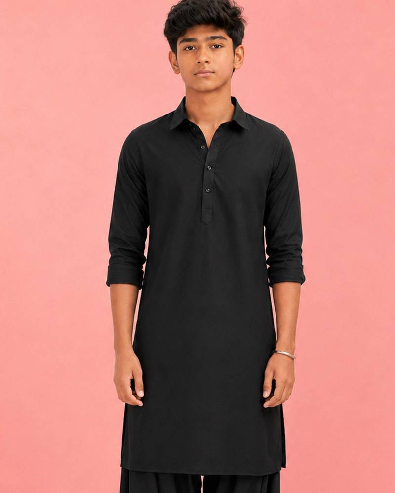 Boy's black fine satin solid knee length kurta