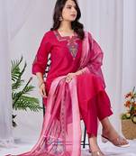 Rani pink embroidery rayon kurta with pant and duptta set