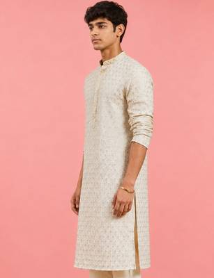 Boy's off-white rayon embroidered knee length kurta 3