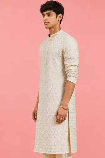 Boy's off-white rayon embroidered knee length kurta