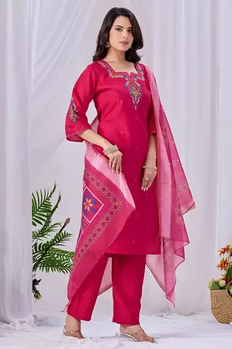 Rani pink embroidery rayon kurta with pant and duptta set