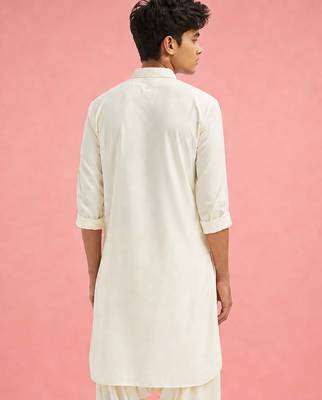 Boy's cream fine satin solid knee length kurta 4