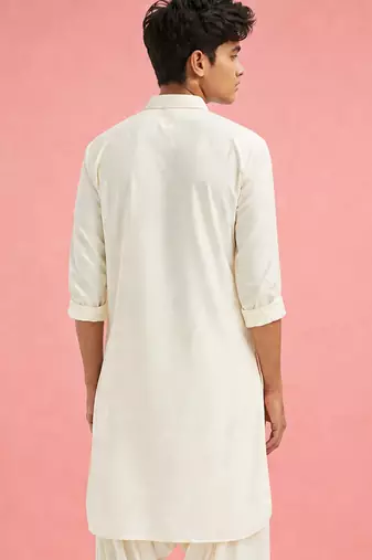 Boy's cream fine satin solid knee length kurta