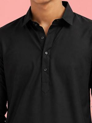 Boy's black fine satin solid knee length kurta 2