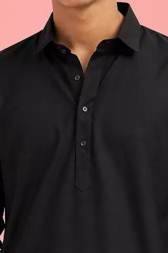 Boy's black fine satin solid knee length kurta