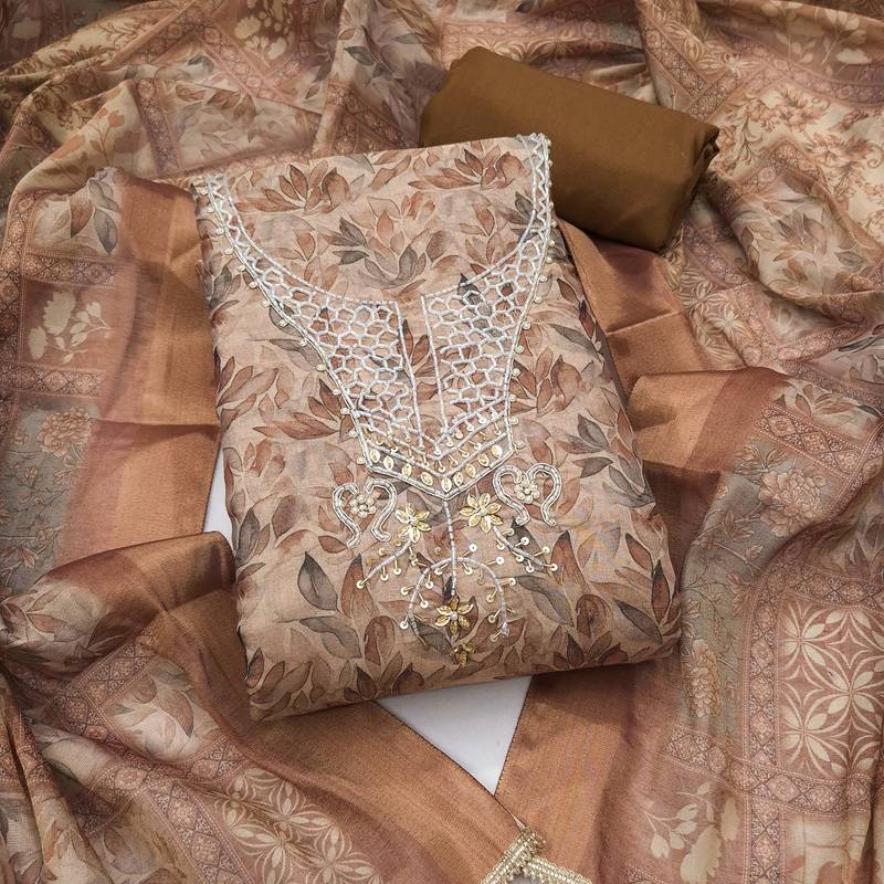 multi unstitched shimmer print handwork with printed dupatta linen dress material