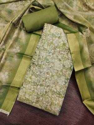multi unstitched shimmer print handwork with printed dupatta linen dress material 4