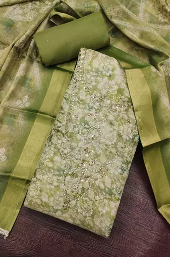 multi unstitched shimmer print handwork with printed dupatta linen dress material