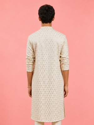 Boy's off-white rayon embroidered knee length kurta 4